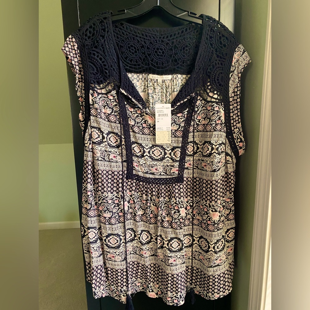 Daniel Rainn cap sleeve, crochet yoke top, nwt, size 3x